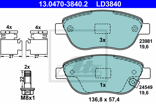 ATE 13.0470-3840.2 Kit pastiglie freno, Freno a disco-Kit pastiglie freno, Freno a disco-Ricambi Euro