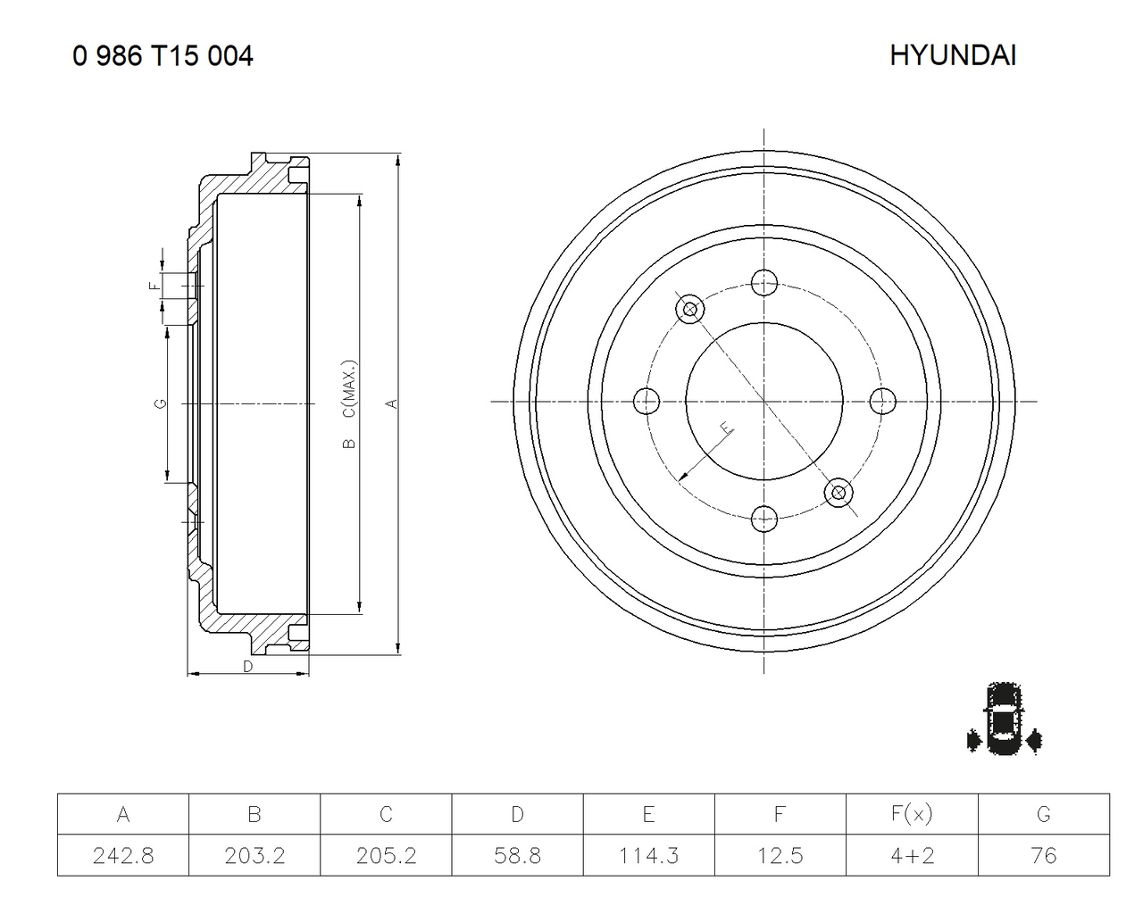 BOSCH 0 986 T15 004 Brake Drum