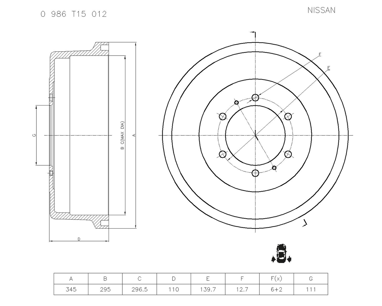 BOSCH 0 986 T15 012 Brake Drum