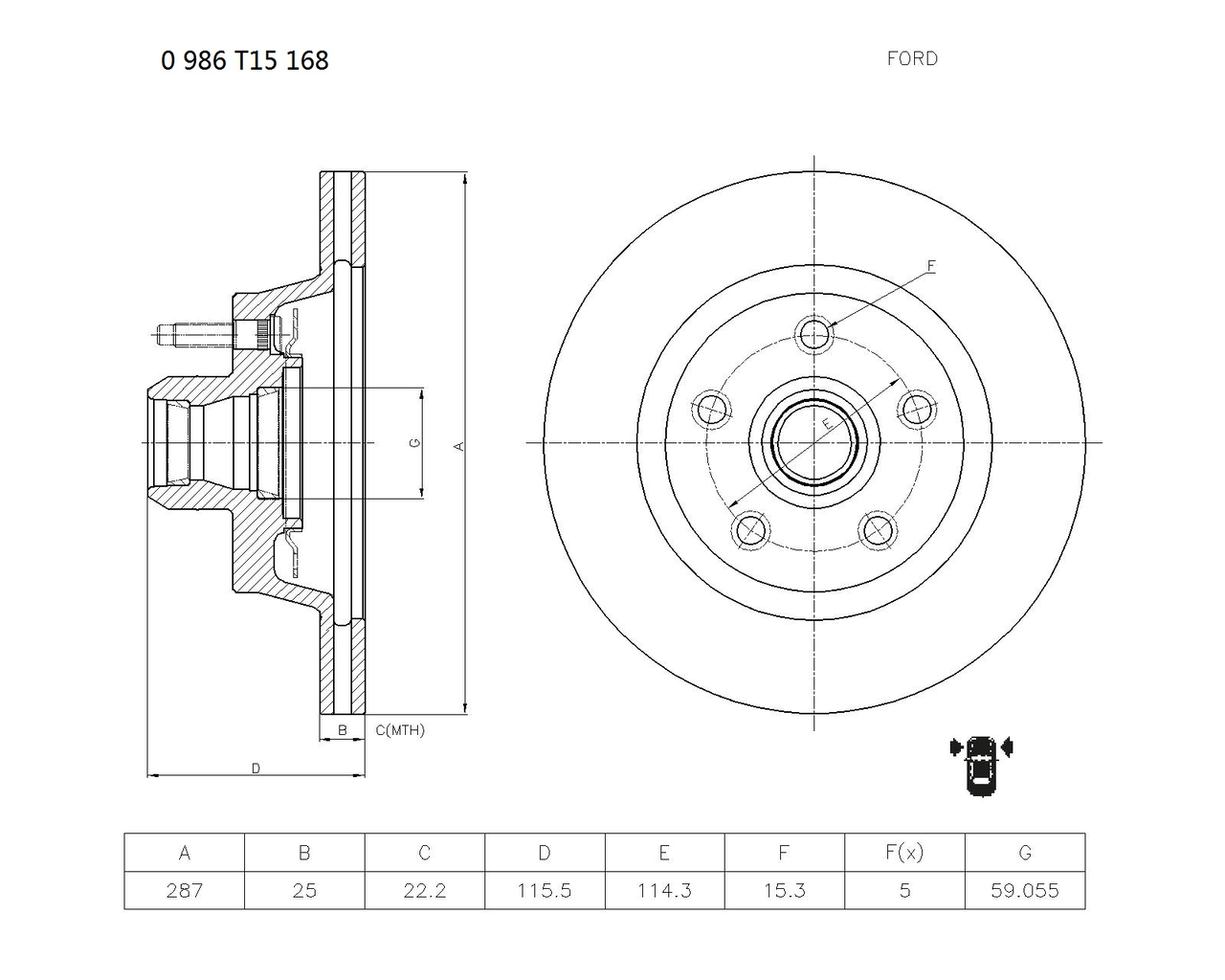 BOSCH 0 986 T15 168 Brake Disc