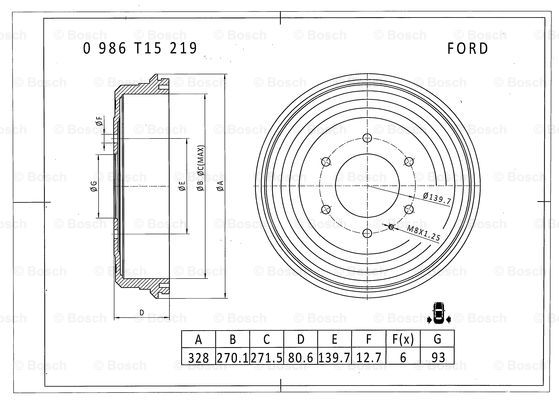 BOSCH 0 986 T15 219 Brake Drum