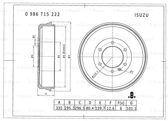 BOSCH 0 986 T15 222 Brake Drum