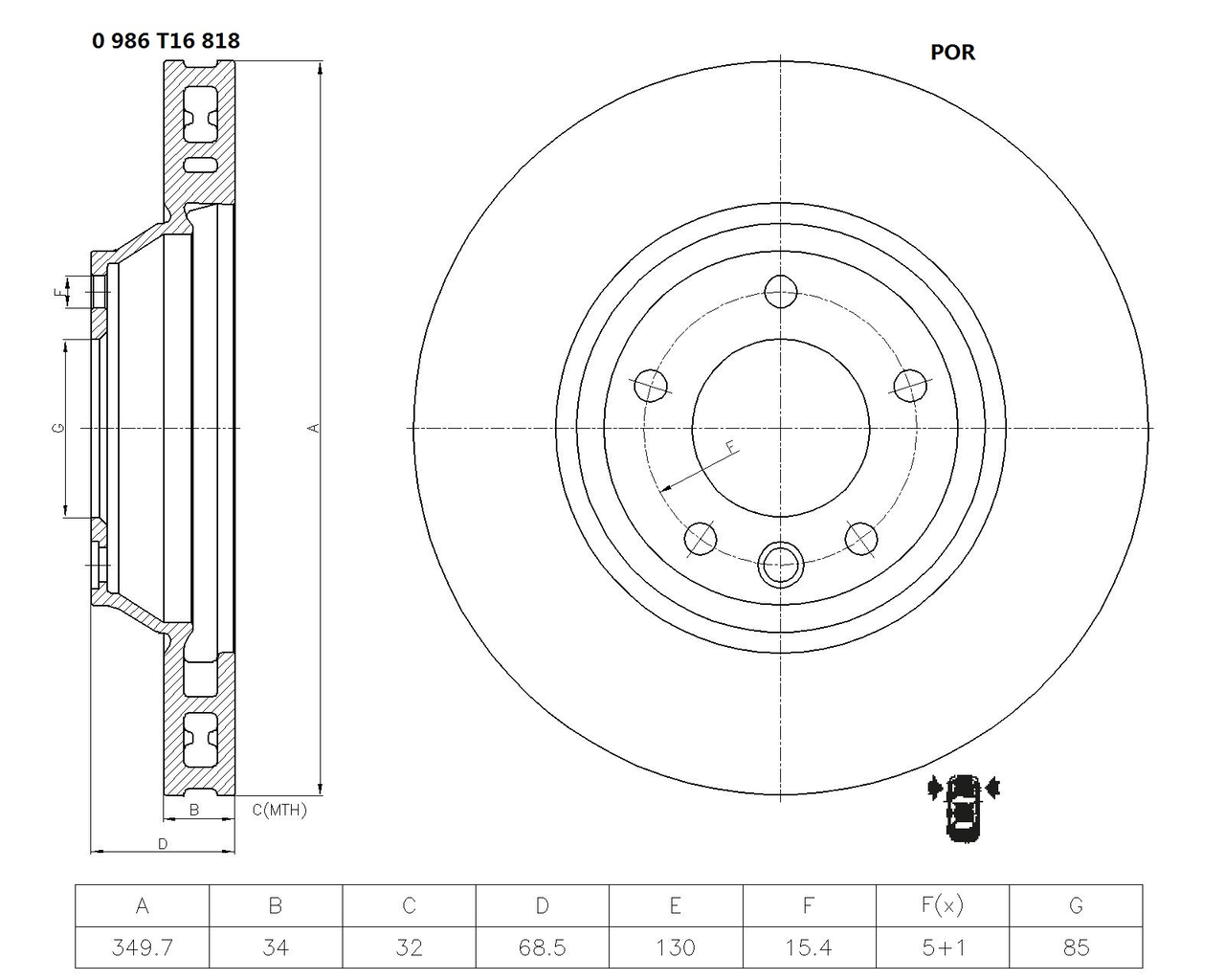 BOSCH 0 986 T16 818 Bremsscheibe