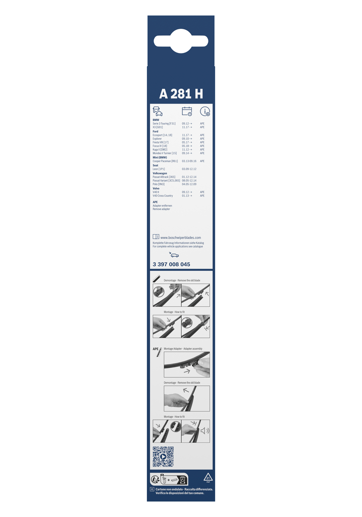 BOSCH 3 397 008 045 Rear Aerotwin Μάκτρο καθαριστήρα for ALPINA BMW FORD FORD AUSTRALIA FORD USA MINI SEAT VOLVO VW