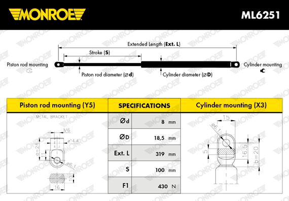 MONROE ML6251 MONROE MaxLift Gas Spring, bonnet for PORSCHE