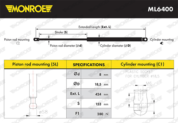 MONROE ML6400 MONROE MaxLift Gasfeder, Motorhaube
