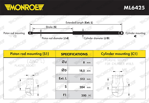 MONROE ML6425 MONROE MaxLift Gasfeder, Motorhaube