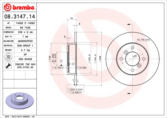 BREMBO 08.3147.14 Discofreno