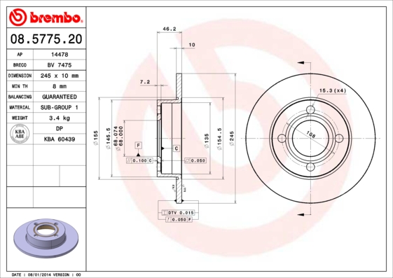 BREMBO 08.5775.20 Discofreno