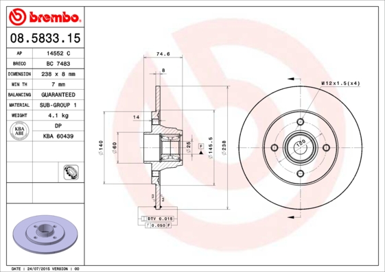 BREMBO 08.5833.15 Bremsscheibe