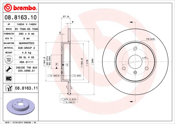 BREMBO 08.8163.10 Bremsscheibe