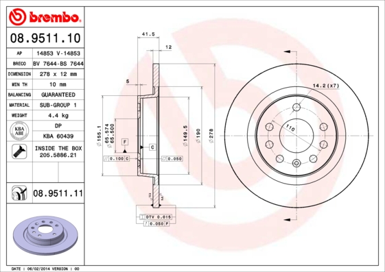 BREMBO 08.9511.10 Bremsscheibe