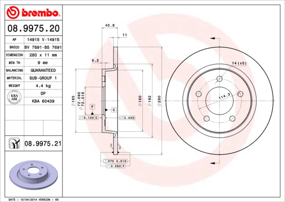 BREMBO 08.9975.21 Discofreno