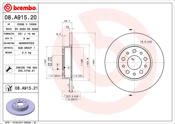 BREMBO 08.A915.21 Bremsscheibe