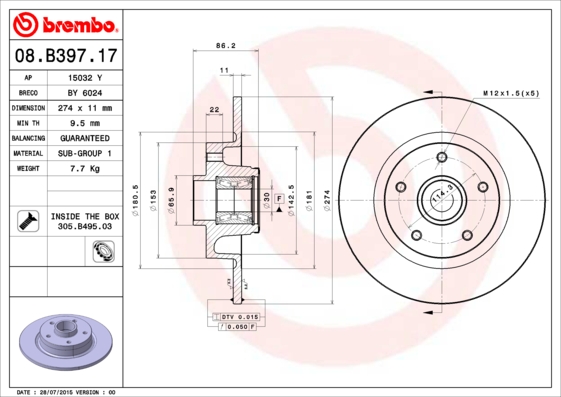 BREMBO 08.B397.17 Bremsscheibe