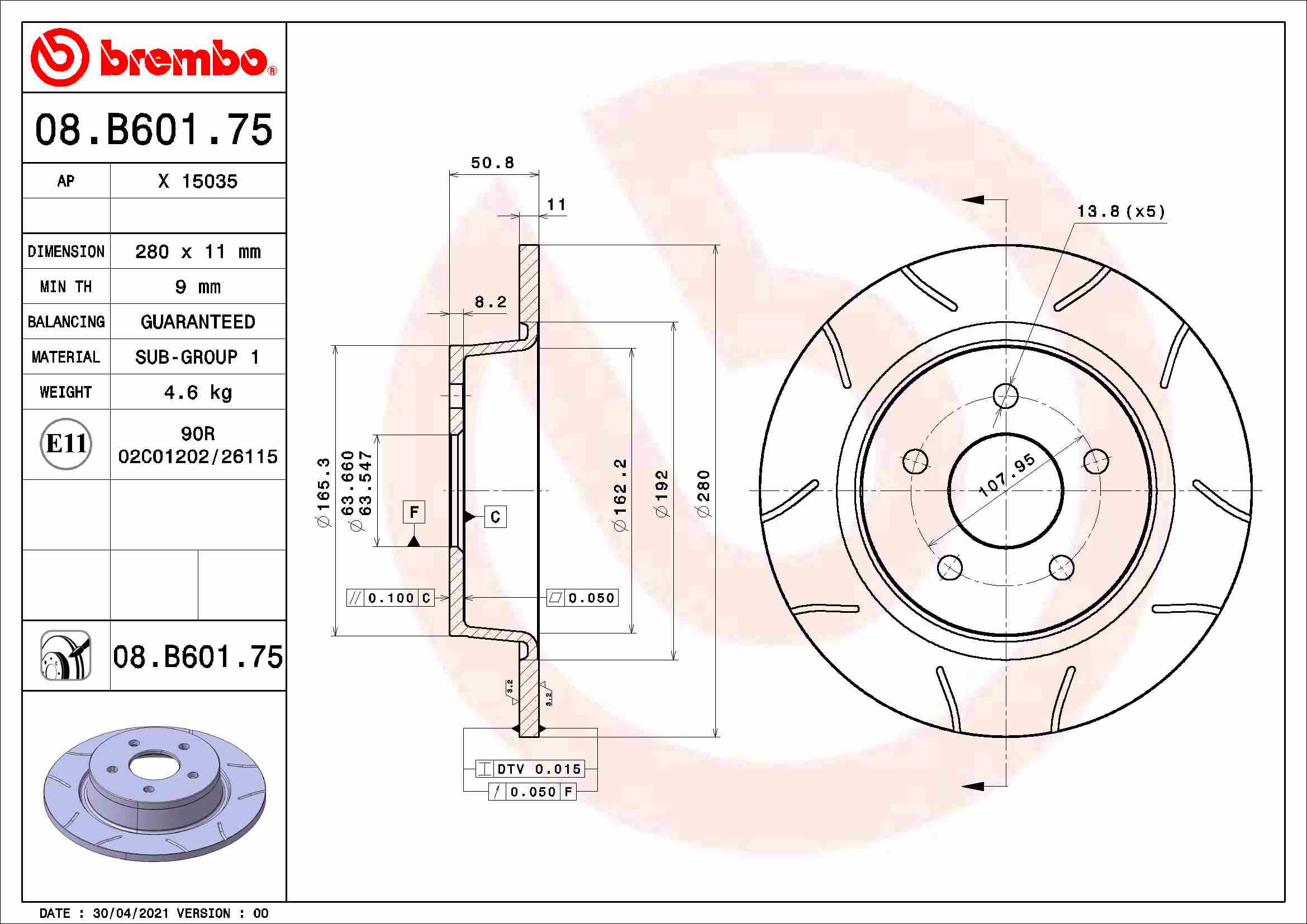 BREMBO 08.B601.75 Discofreno