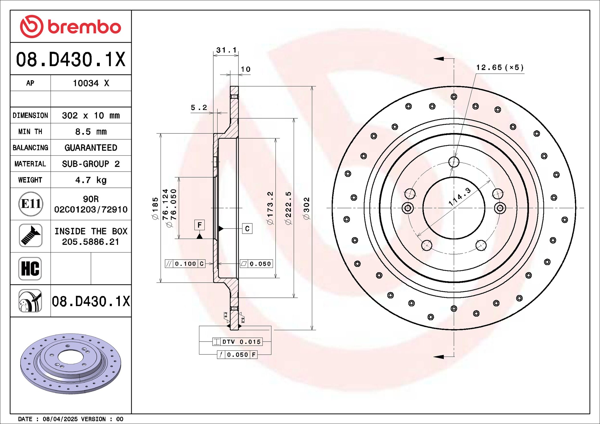 BREMBO 08.D430.1X XTRA LINE - Xtra Brzdový kotúč