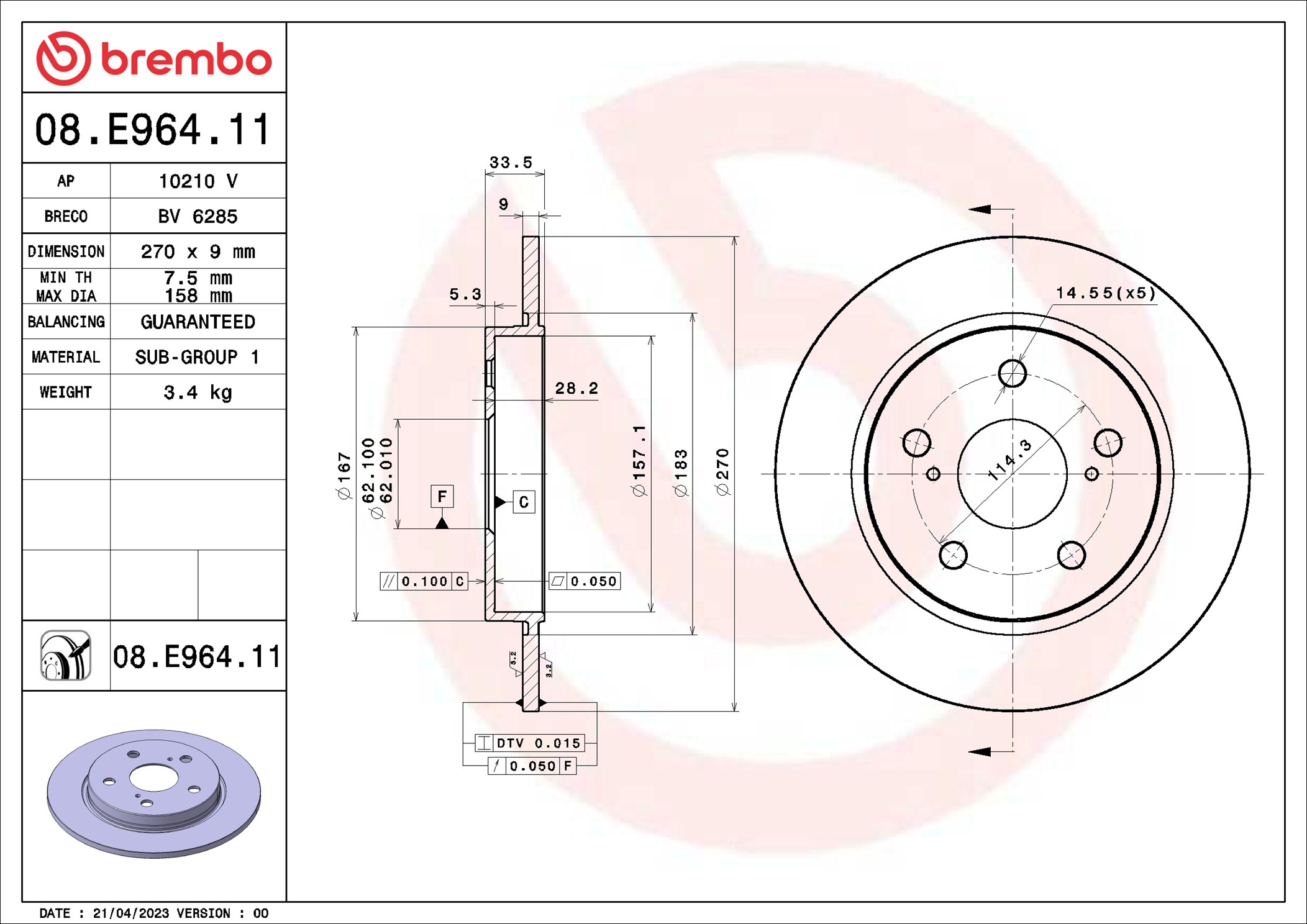 BREMBO 08.E964.11 PRIME LINE - UV Coated Bremsscheibe