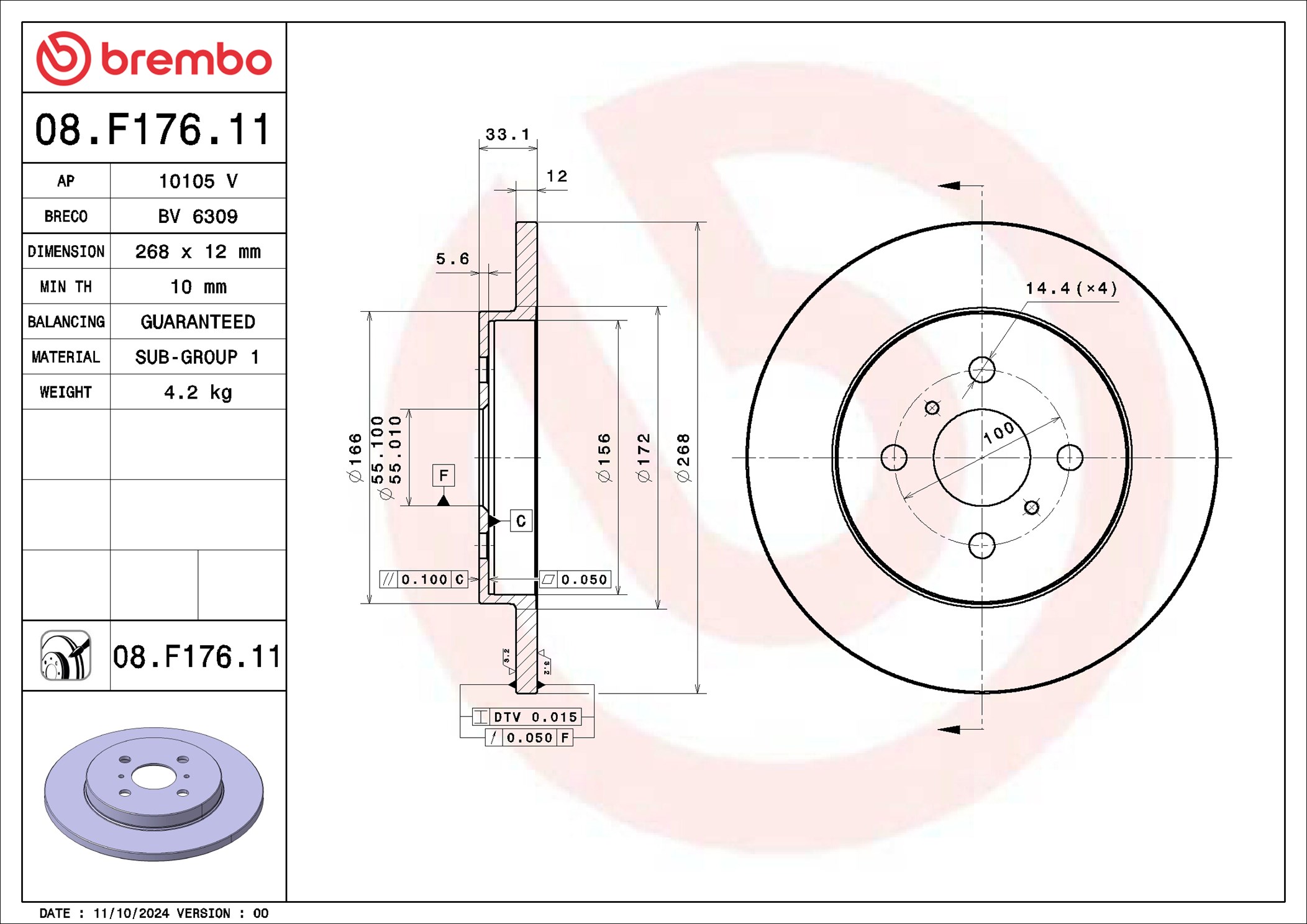 BREMBO 08.F176.11 PRIME LINE - UV Coated Bremsscheibe