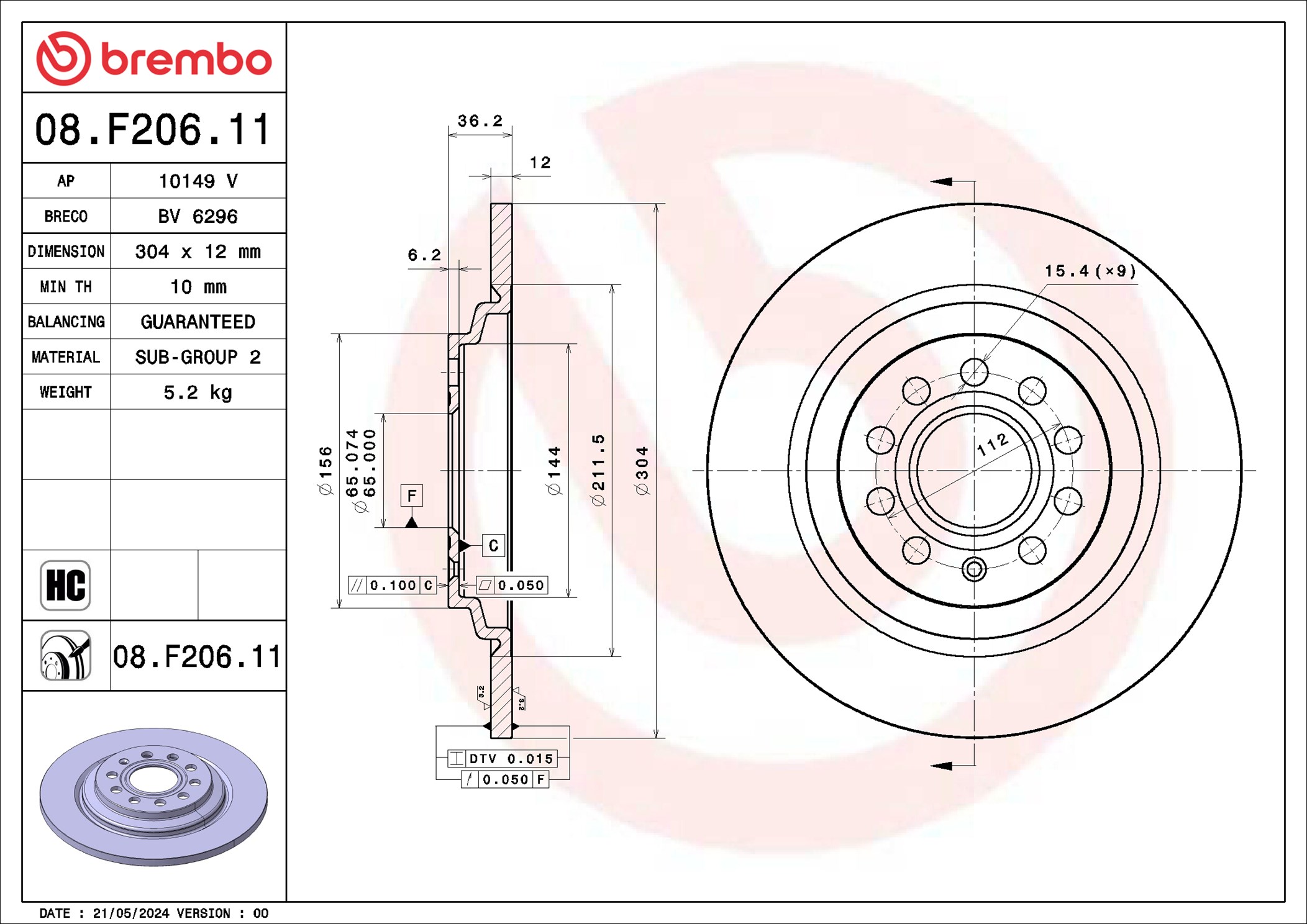 BREMBO 08.F206.11 PRIME LINE - UV Coated Bremsscheibe