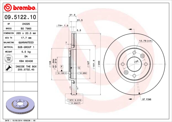 BREMBO 09.5122.10 PRIME LINE Bremsscheibe