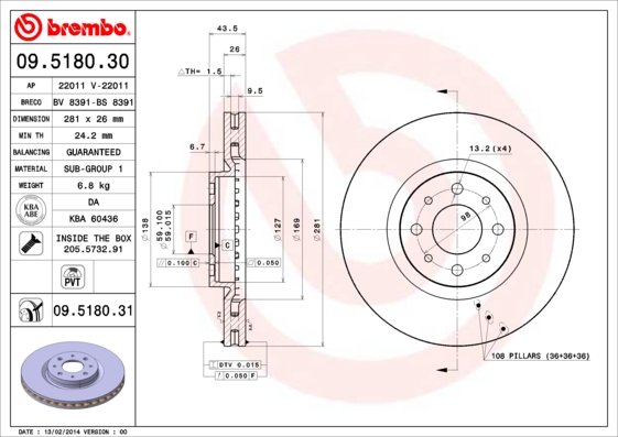 BREMBO 09.5180.31 Bremsscheibe