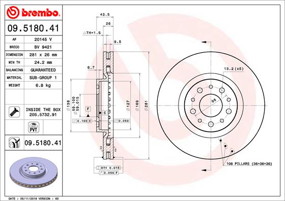 BREMBO 09.5180.41 Bremsscheibe