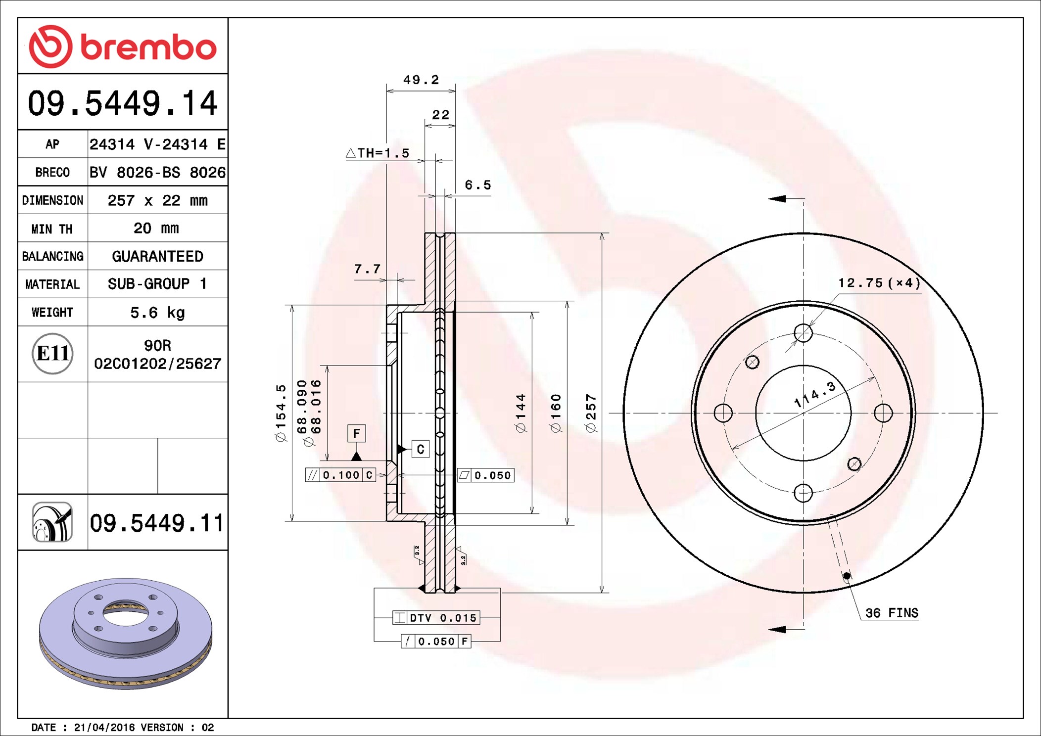 BREMBO 09.5449.11 PRIME LINE - UV Coated Bremsscheibe