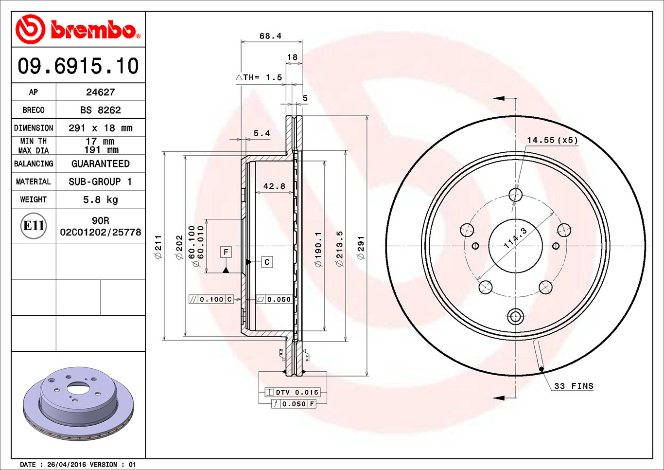 BREMBO 09.6915.10 Discofreno