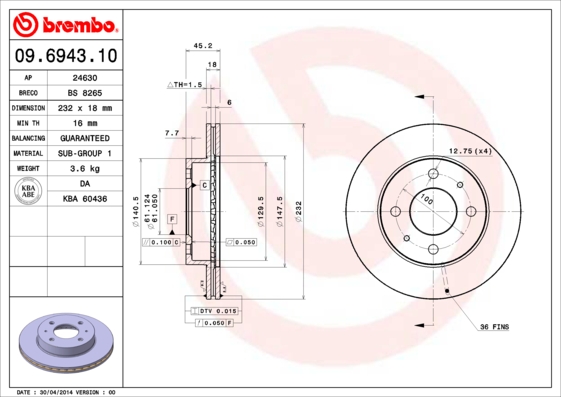 BREMBO 09.6943.10 Bremsscheibe