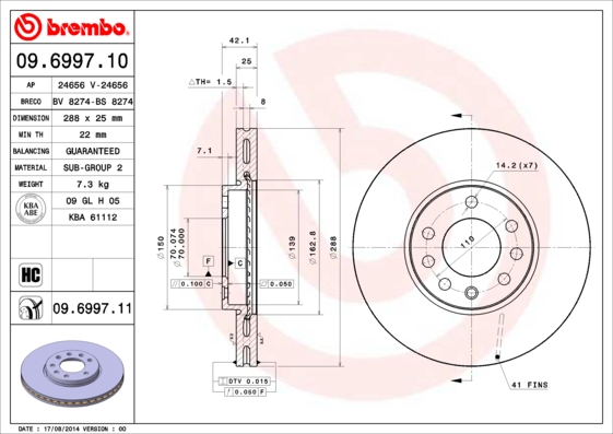 BREMBO 09.6997.10 Bremsscheibe