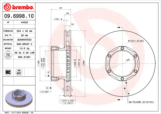 BREMBO 09.6998.10 Bremsscheibe