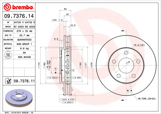 BREMBO 09.7376.11 Bremsscheibe