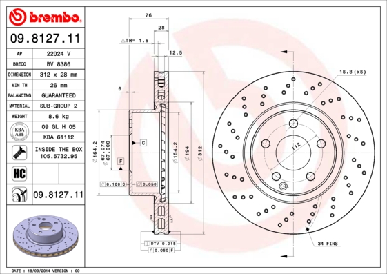 BREMBO 09.8127.11 Bremsscheibe