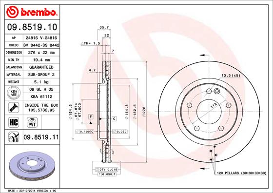 BREMBO 09.8519.11 Bremsscheibe