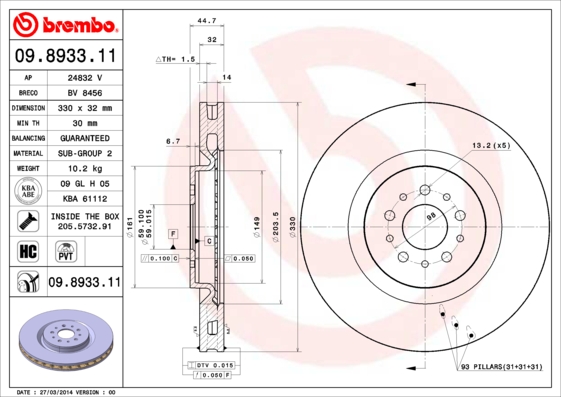 BREMBO 09.8933.11 Bremsscheibe