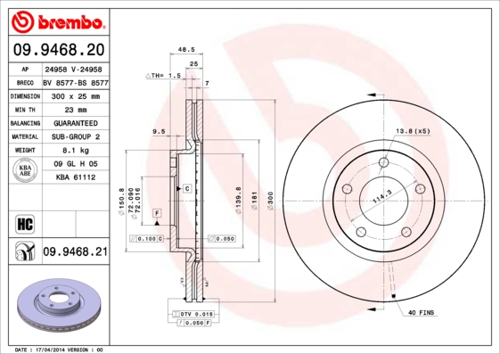 BREMBO 09.9468.21 Bremsscheibe