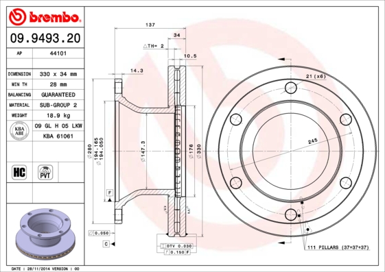 BREMBO 09.9493.20 Bremsscheibe