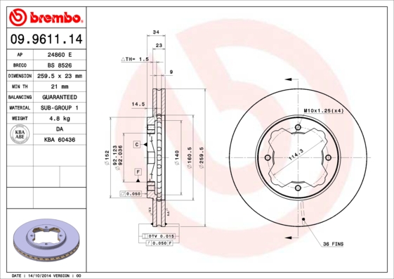 BREMBO 09.9611.14 Bremsscheibe