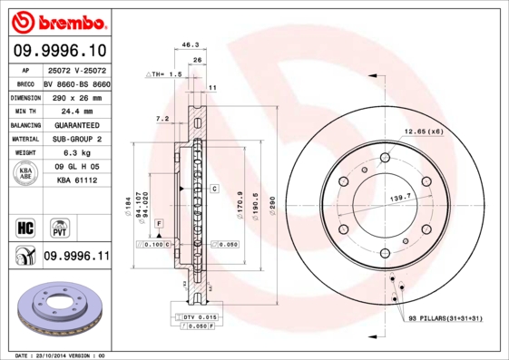 BREMBO 09.9996.11 Bremsscheibe