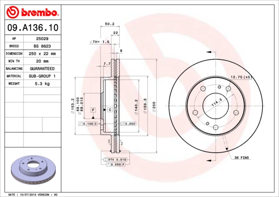 BREMBO 09.A136.10 Discofreno