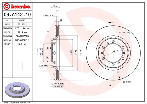 BREMBO 09.A142.10 Discofreno