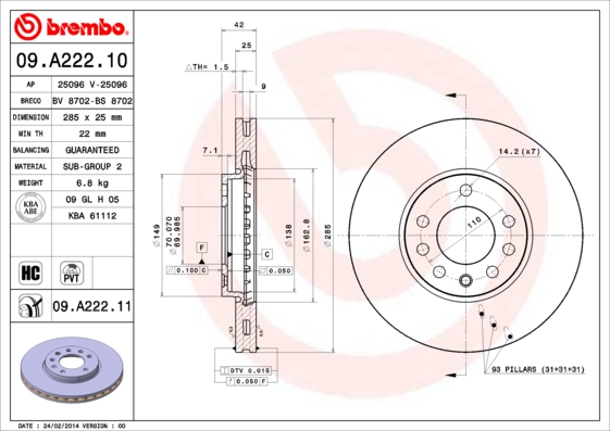 BREMBO 09.A222.10 Bremsscheibe