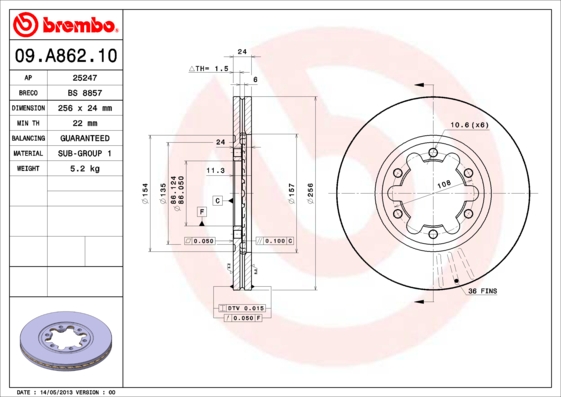 BREMBO 09.A862.10 Discofreno