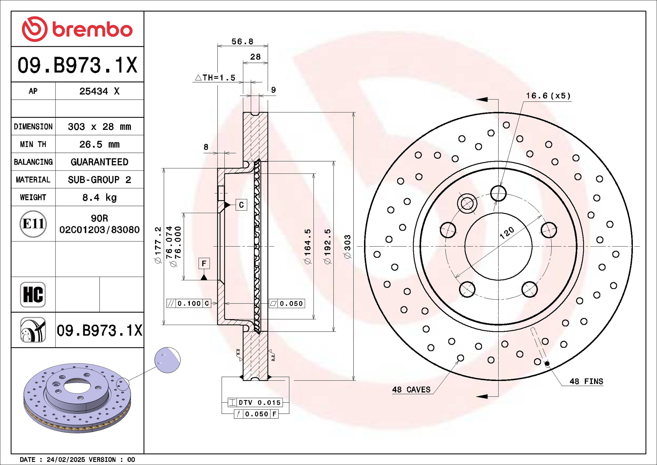 BREMBO 09.B973.1X XTRA LINE - Xtra Brzdový kotúč