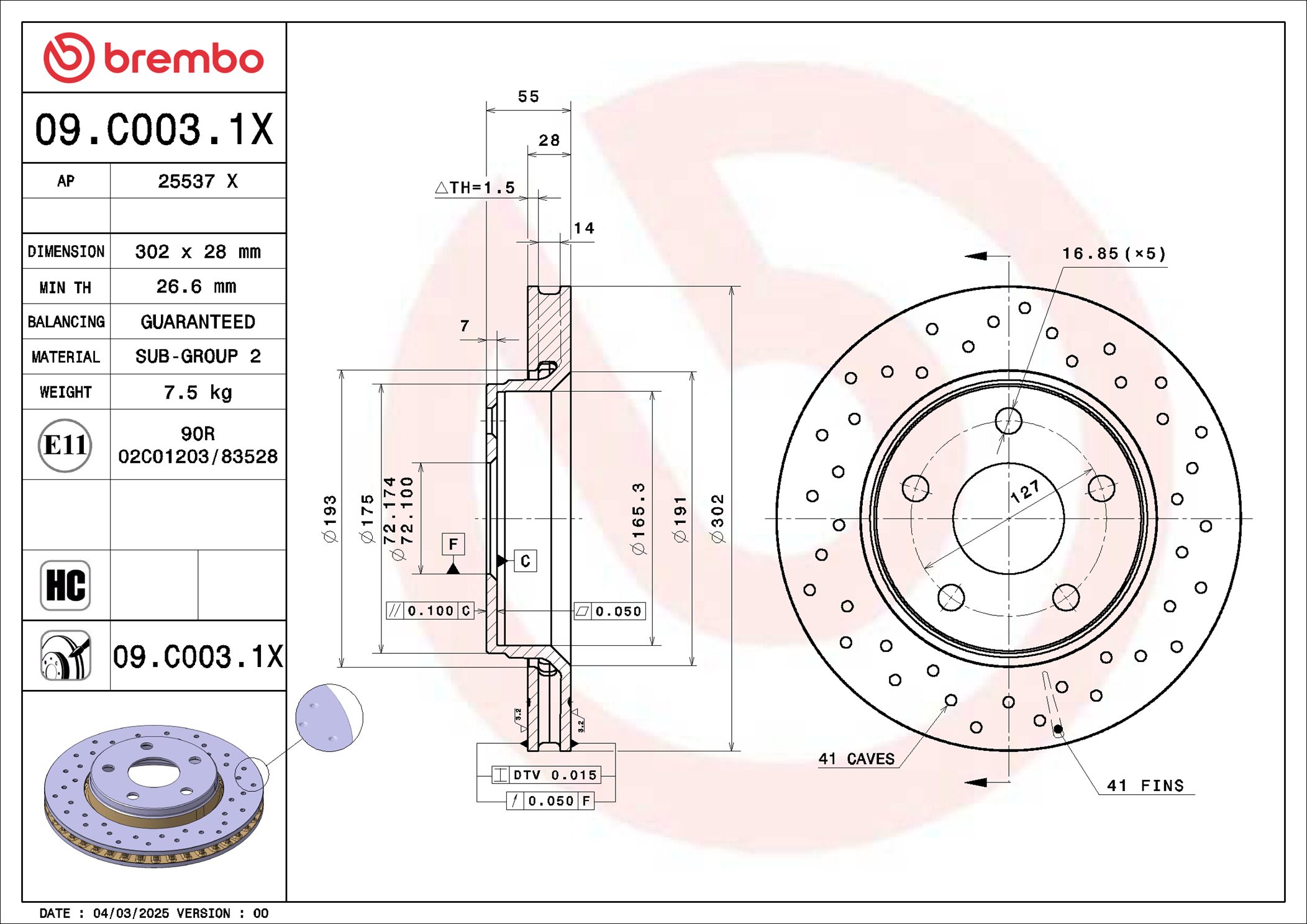 BREMBO 09.C003.1X XTRA LINE - Xtra Brzdový kotúč