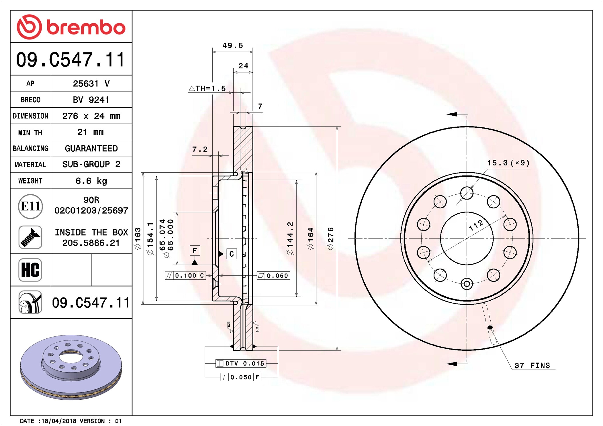 BREMBO 09.C547.11 PRIME LINE - UV Coated Bremsscheibe