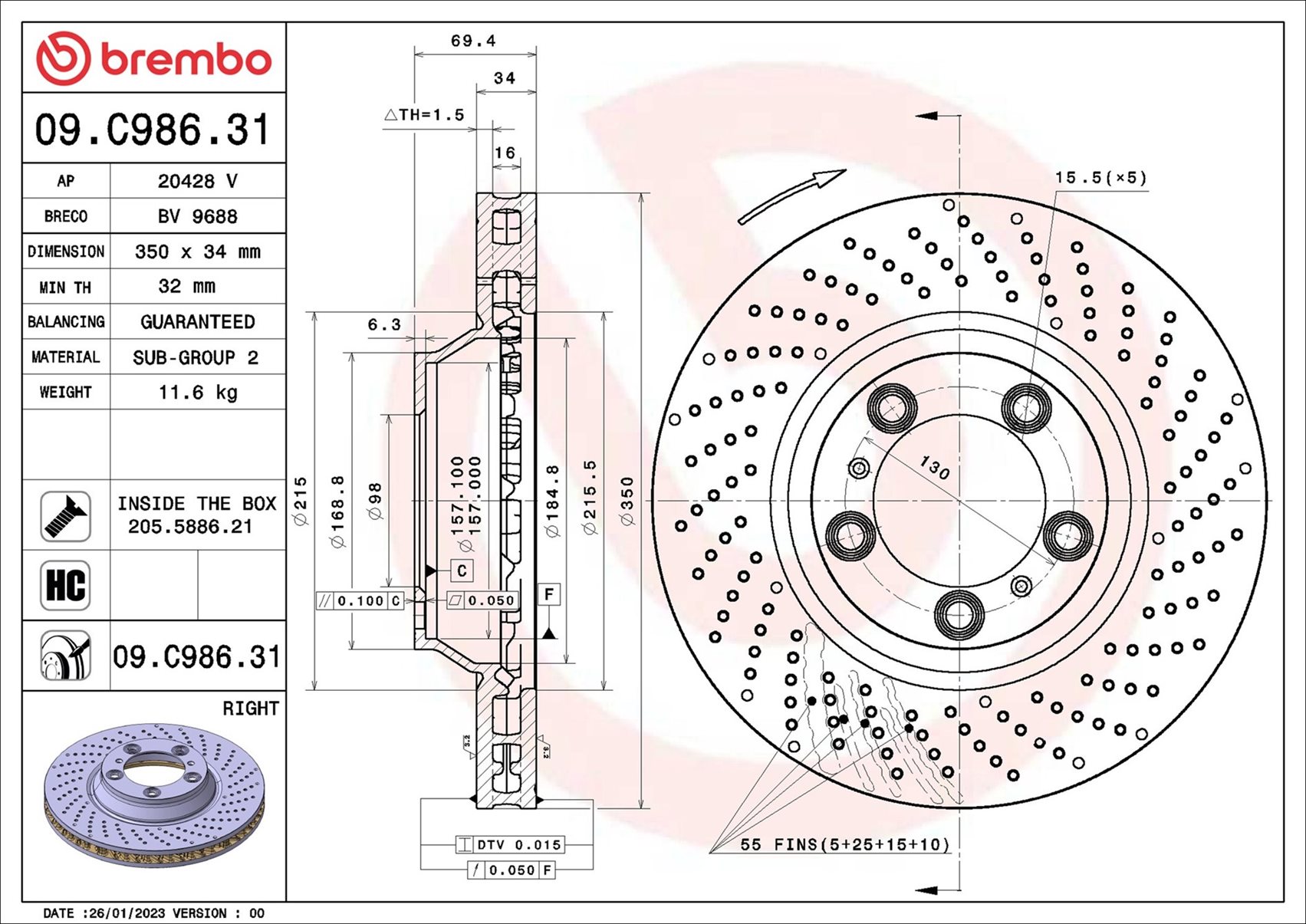 BREMBO 09.C986.31 PRIME LINE - UV Coated Bremsscheibe