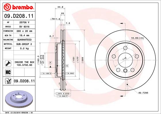 BREMBO 09.D208.11 Discofreno