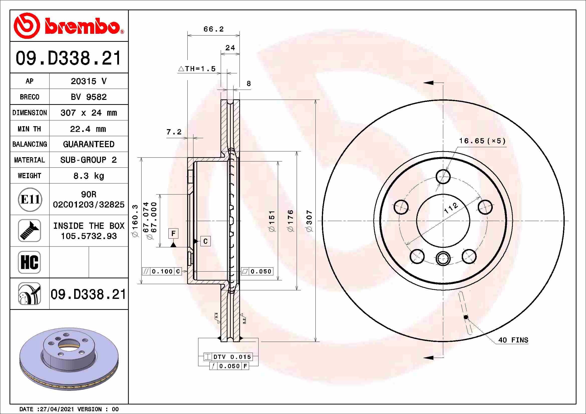 BREMBO 09.D338.21 Discofreno